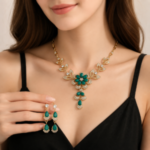 Luxury green crystal floral necklace and earrings set with gold plating for women wedding party jewelry