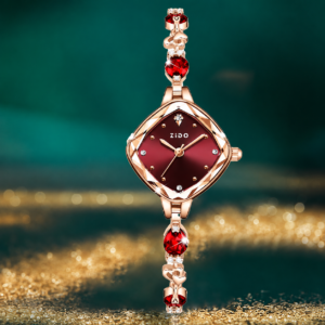 Luxury Rose Gold Women's Bracelet Watch with Burgundy Dial and Red Crystal Stones Elegant Fashion Wrist Watch