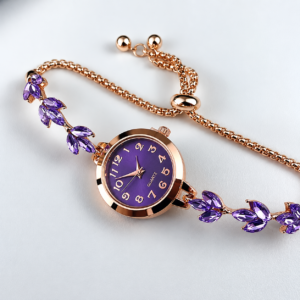 Luxury purple crystal bracelet watch for women with rose gold adjustable chain and quartz analog dial