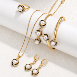 Luxury 6 Pcs Gold Plated Pearl Jewelry Set with Necklace Earrings Ring Bracelet and Bangle for Women