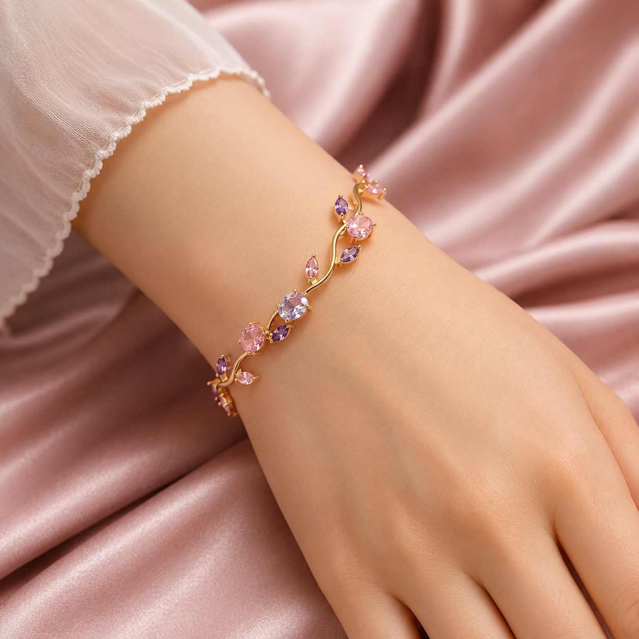 Luxury Rose Gold Pink Purple Crystal Bracelet for Women with Elegant Floral Vine Design