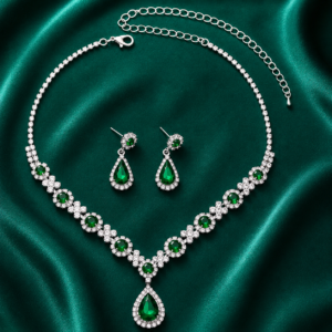 Luxury Green Crystal Jewelry Set with Silver Plated Necklace and Matching Drop Earrings for Women