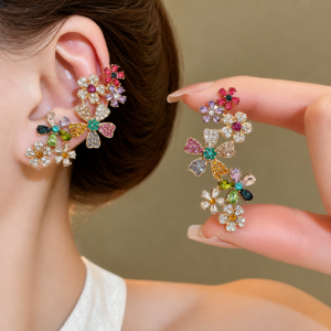 Luxury colorful crystal flower ear cuff earrings for women with gold plated floral design and sparkling multicolor cubic zirconia stones.