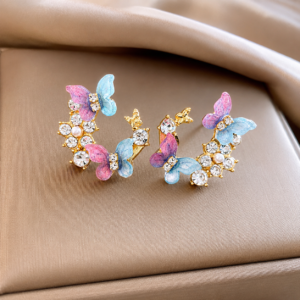 Luxury Butterfly Crystal Stud Earrings for Women with Gold Plated Finish, Pink Blue Enamel Butterflies, Rhinestones and Pearl Floral Design