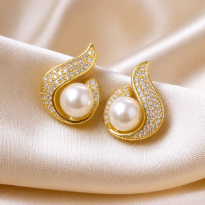 Luxury Gold Plated Pearl Stud Earrings with Sparkling Cubic Zirconia Crystal for Women