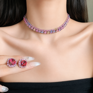 Luxury Rainbow Crystal Necklace and Matching Stud Earrings Set with Multicolor Gemstones for Women