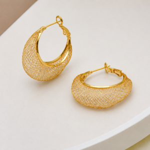 Luxury gold mesh hoop earrings for women with elegant woven gold-plated design on a white background.