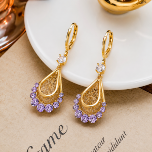 Luxury Gold-Plated Purple Crystal Teardrop Dangle Earrings with Sparkling Lavender Rhinestones for Women