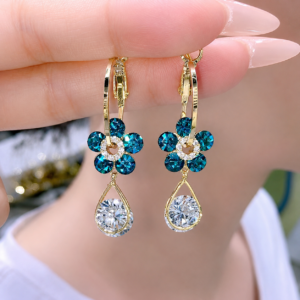 Luxury Blue Crystal Flower Gold Plated Drop Earrings with Sparkling Teardrop Cubic Zirconia for Women