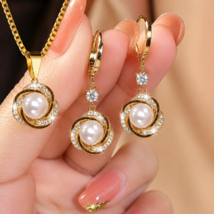 Luxury Green Stone Gold Plated Pendant Necklace and Matching Dangle Earrings Jewelry Set for Women with Sparkling Cubic Zirconia