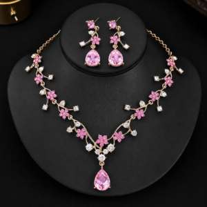Luxury Pink Crystal Floral Necklace and Earrings Set for Women Gold Plated Bridal Jewelry