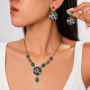 Vintage Green Crystal Floral Necklace and Earrings Set for Women with Antique Gold Finish Fashion Jewelry