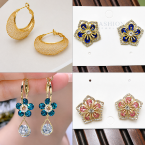 4 Pairs Women's Fashion Earrings Combo Set featuring Gold Mesh Hoop Earrings, Blue Floral Crystal Stud Earrings, Blue Flower Drop Earrings and Pink Crystal Flower Stud Earrings