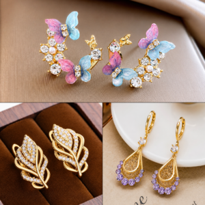 Luxury Gold Plated Crystal Earrings Combo Set for Women with Butterfly, Leaf and Teardrop Designer Earrings