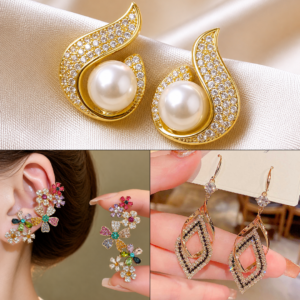 Luxury 3 Pairs Women's Earrings Combo Set featuring Gold Pearl Stud Earrings, Colorful Floral Ear Cuff Earrings and Rose Gold Crystal Drop Earrings.